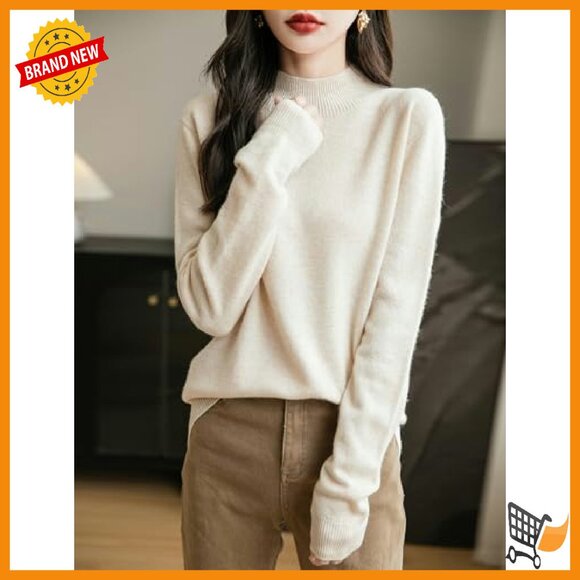 100% Merino Wool Mock Neck Sweater Long Sleeve Pullover Seamless - Picture 6 of 8